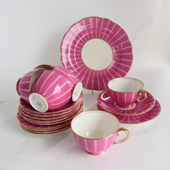 PINK STRIPED BONE CHINA TRIOS, AYNSLEY, 6 CUPS & SAUCERS, 5 SIDES & 1 LRG PLATE