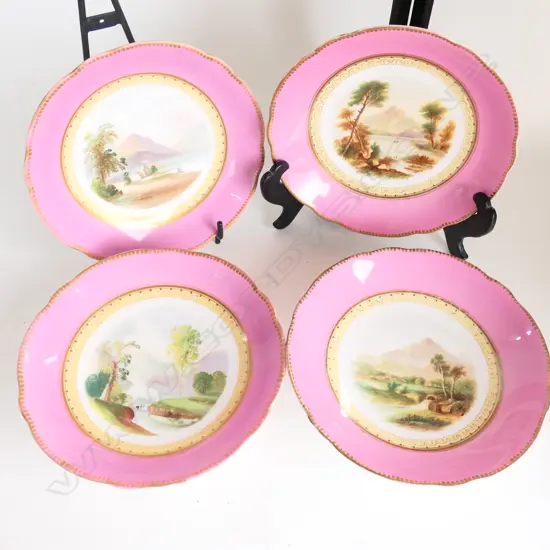 4 LATE GEORGIAN COMPORTS, PINK & GOLD w PASTORAL SCENES