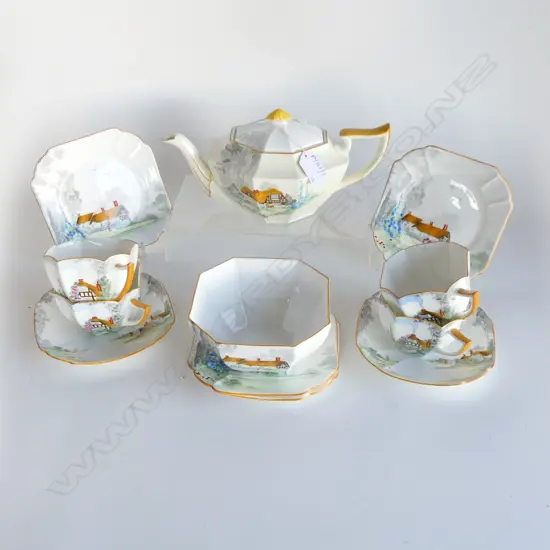 12 PCE PART SHELLEY 'COTTAGE 2' TEA SET; TEAPOT, 4 CUPS, 4 PLATES, 2 SAUCERS, SUGAR BOWL - AF HAIRLINES & FAULTS