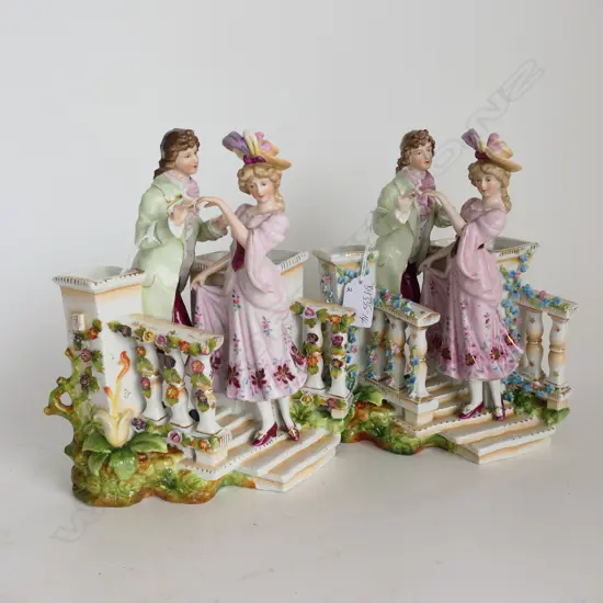 TWO MEISSEN TYPE PORCELAIN FIGURAL GROUP MALE FEMALE H.240mm FINGER DAMAGED