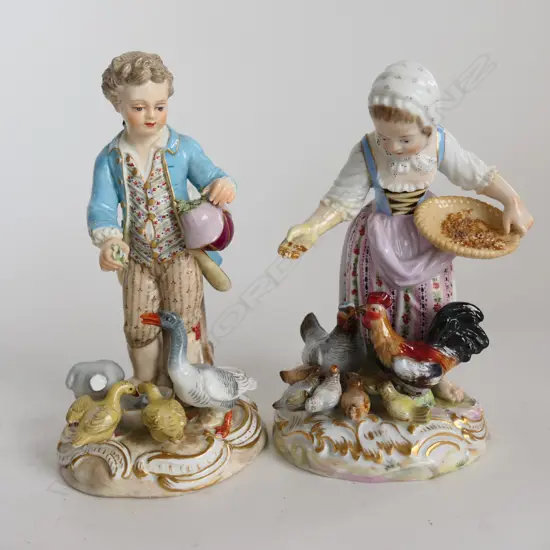 MALE & FEMALE PORCELAIN FIGURES, CROSSED SWORD MARKS, H.120&140mm, (SOME DAMAGE)