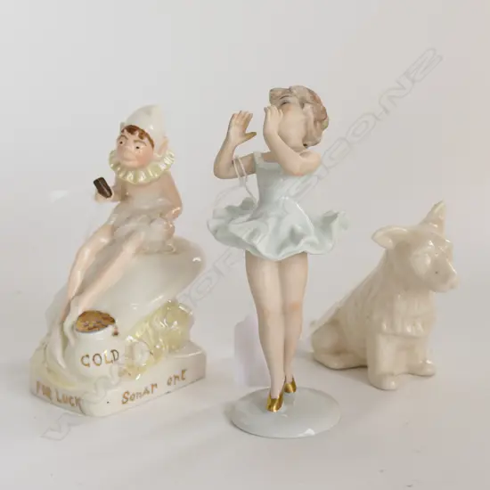 3 CERAMICS POST WAR GERMAN BALLERINA FIG H.140mm, BLACKMARK BELLEEK LEPRACHAUN H.130mm HAIRLINE FAULT + GREEN MARK SCOTT