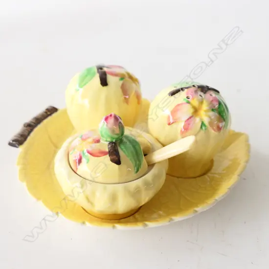 CARLTONWARE YELLOW APPLE BLOSSOM S/PEPPER ON STAND, WITH SPOON