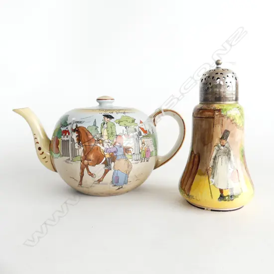 2 PCS, ROYAL DOULTON 'GAFFERS' SUGAR SHAKER (frit to base) & BURSLEM TEAPOT 'THE BAILIFF'S DAUGHTER'