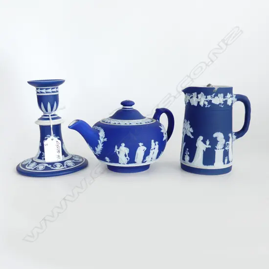 3 x c1900 WEDGWOOD DARK BLUE JASPERWARE PCES: Batchelor's teapot + jug + candlestick