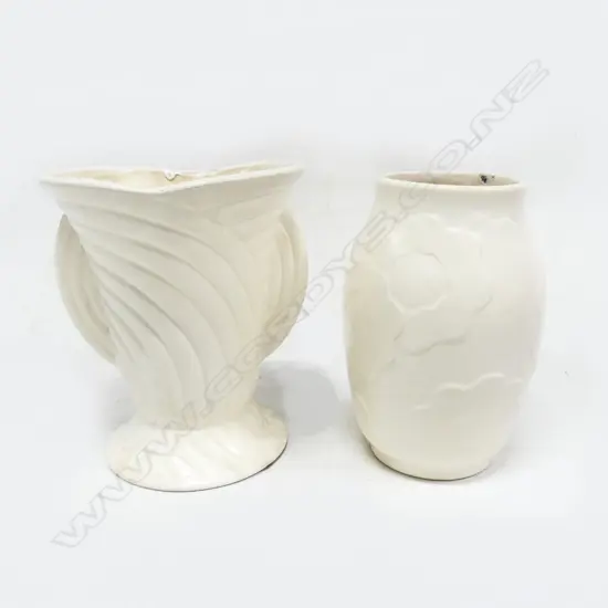 2 C/LYNN WHITE CHINA VASES H150MM BOTH CHIPPED