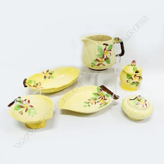 6PCS YELLOW FLORAL CARLTON WARE CHINA 3 DISHES 2 HONEY POTS & JUG H120MM