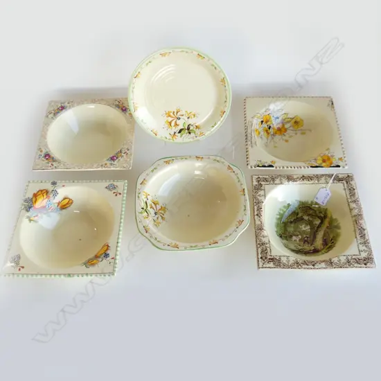 5 DECO BOWLS & 1 ROUND PLATE, VARIOUS PASTORAL & FLORAL DESIGNS, ENGLISH ROYAL STAFFORDSHIRE