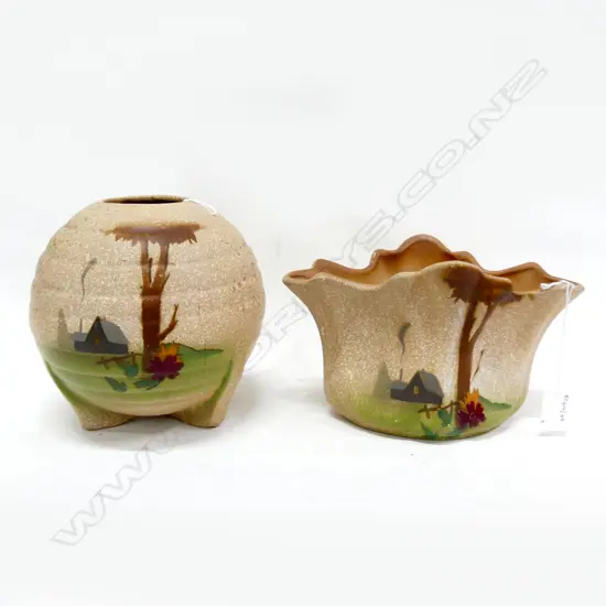 2 1940S CROWN LYNN VASES COTTAGE SCENES H200MM