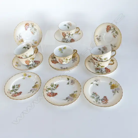 ROYAL DOULTON FINE CHINA TRIOS, FLORAL W GOLD DETAIL, 17PCS