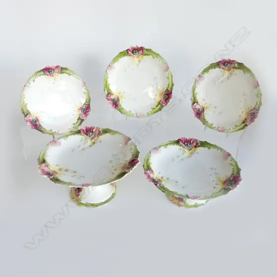 5 PC AUSTRIAN FINE CHINA, PALE PINKS & GREENS, 3 PLATES & 2 PEDESTAL DISHES, 1chipped