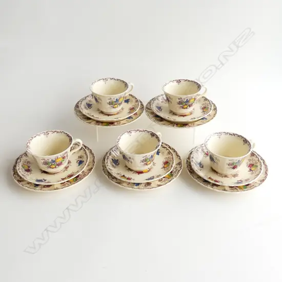 SET OF 5 TRIOS BY ASHWORTH BROS. HANLEY ENGLAND, WITH FRUIT BASKET DECORATION