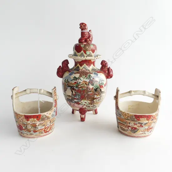 MEIJI PERIOD SATSUMA LIDDED URN (old repair) & PAIR SATSUMA BASKETS (cracks to handles)