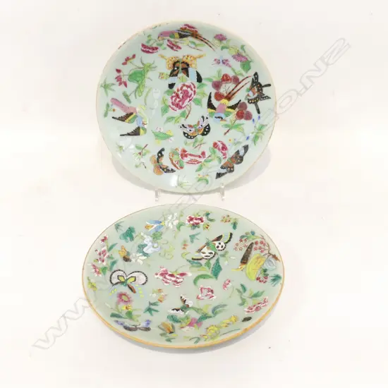 PR LATE 19thC CHINESE PLATES, CELADON GROUND w BUTTERFLY DECORATION, 1 has rim frit, 1 hairline crack to base, D.190mm