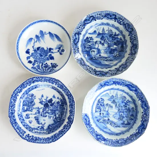 THREE 18th/19thC OLD CHINESE BLUE AND WHITE BOWLS 1 w hairline & ONE RESTORED SAUCER