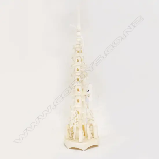 ANTIQUE CHINESE IVORY CARVED TEMPLE TOWER, (SOME FAULTS), H. 23CM