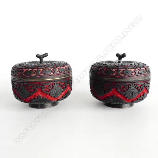 PR CHINESE RED & BLACK CARVED CINNABAR LIDDED BOXES, D.100mm