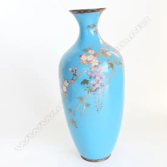 ORIENTAL CLOISONNE VASE, PALE BLUE W BIRDS, H.300mm