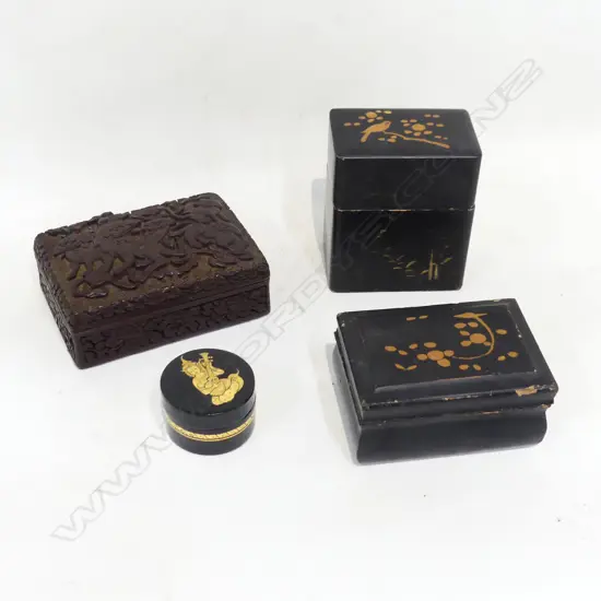 4 ORIETAL BLACK LACQUER CONTAINERS - CARVED w. REPAIR W.130mm