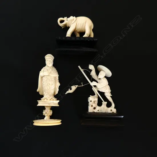 3 SMALL CARVED ITEMS CHINESE IVORY FIGURE BONE CARVED ELEPHANT AND BONE FISHERMAN 