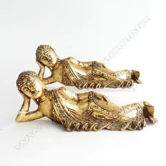 PAIR OF GILDED JEWELLED WOODEN RECLINING BUDDHA FIGURES L.310mm