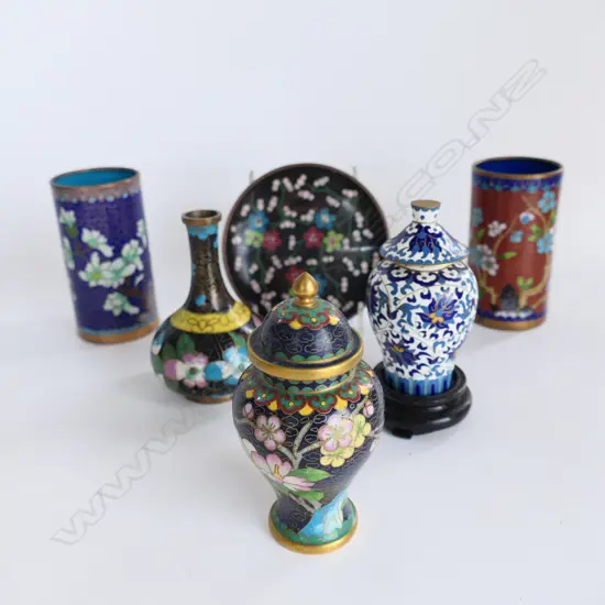 6 PCS ASSORTED ORIENTAL CLOISONNE, 2 BRUSH POTS, 3 VASES (2 LIDDED) & DISH