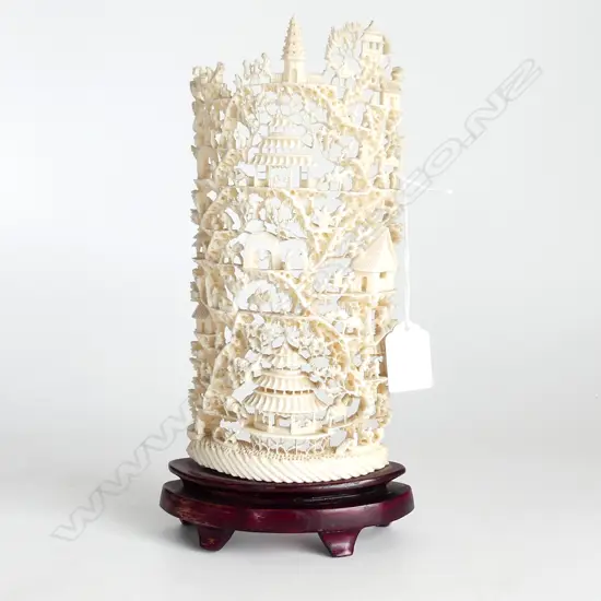 CARVED IVORY  TUSK SECTION WITH FILIGREE LANDSCAPE H 260 MM