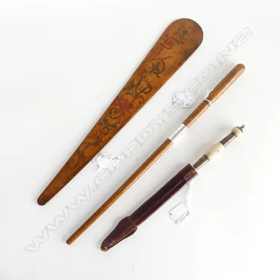 WOODEN BATON SILVER FERRULE DATED 1924, DAGGER LIKE OPENER RIO BRANCO + WOODEN HANDPAINTED & CARVED SPATULA L.416mm