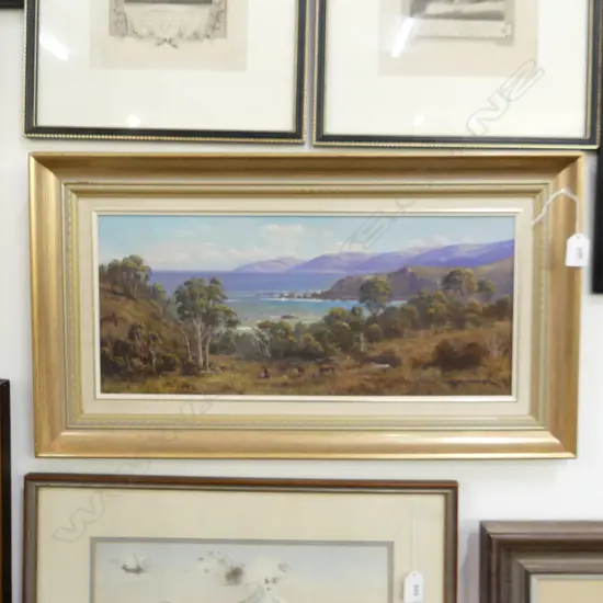 JOHN TOOMER (Dunedin) OIL PAINTING ON BOARD NZ COAST NEAR WARRINGTON.  240X490mm