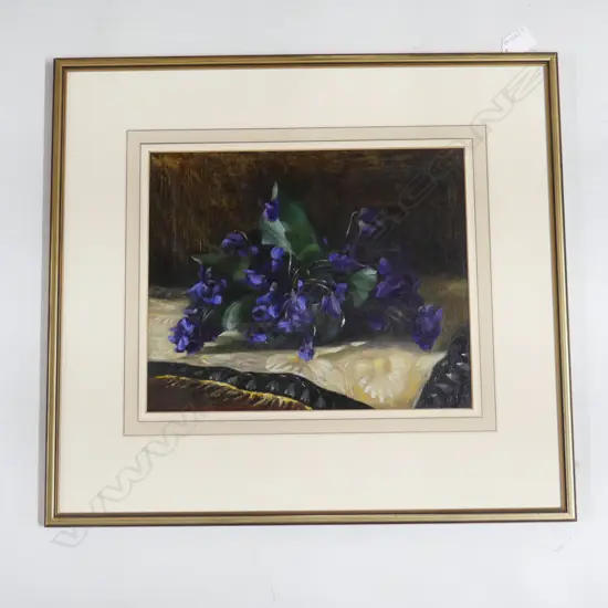 ARTIST UNKNOWN, VIOLETS STILL LIFE OIL ON BOARD, 265x325mm (NO GLASS)