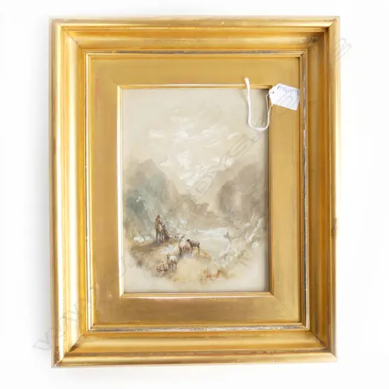 SAM BOUGH A.R.S.A. (SCOTTISH 1822-1878) MOUNTAIN LANDSCAPE w. FIGURES & SHEEP, GOUACHE ON PAPER 235x170mm