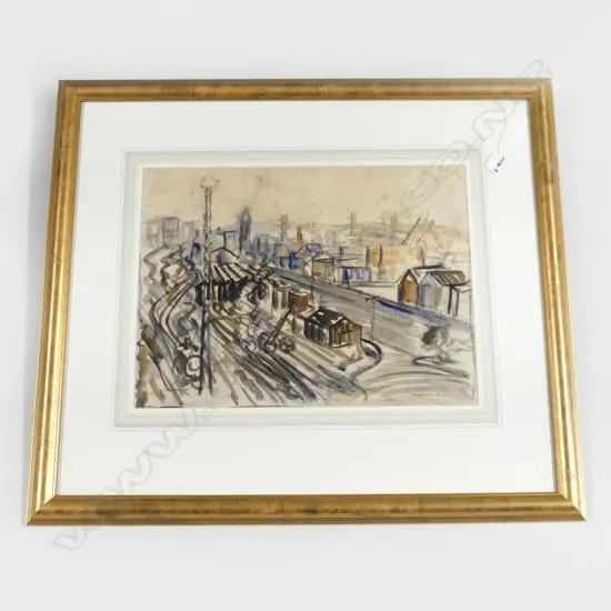 HELEN BROWN W/C 'RAILWAY YARD' signed & dated '49. Labelled verso 375 x 510mm