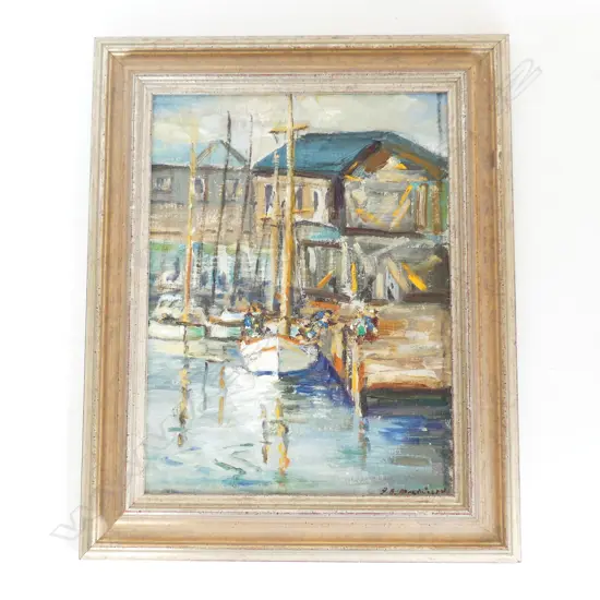 G. B. MACMILLAN? HARBOUR OIL ON BOARD, 'APRIL 1957 WELLINGTON' VERSO 290x215mm