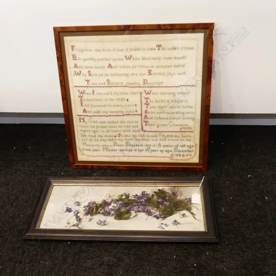 1884 FRAMED SAMPLER 395x395mm + L. PERRY, VIOLETS, OIL ON BOARD (18)'92 150x455mm