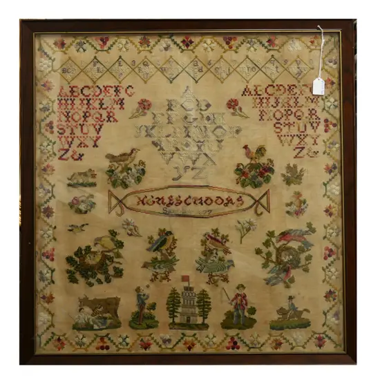 LARGE FRAMED  NORWEGIAN 1877 SAMPLER 680x655mm