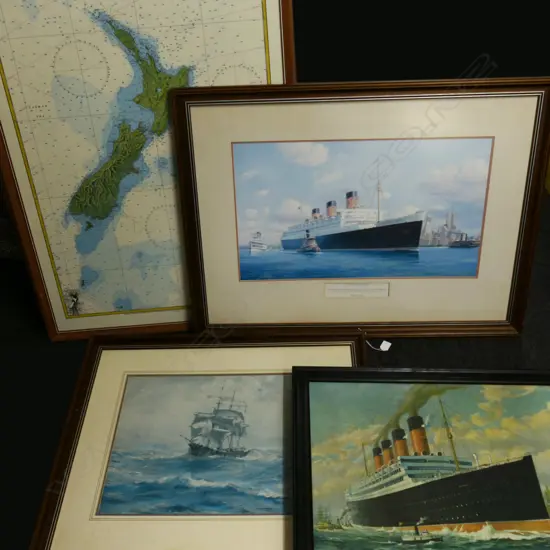 LG NZ MAP 1130x765mm overall + 3 SHIPPING PRINTS; QUEEN MARY, CUNARD AQUITANIA, SAILING SHIP
