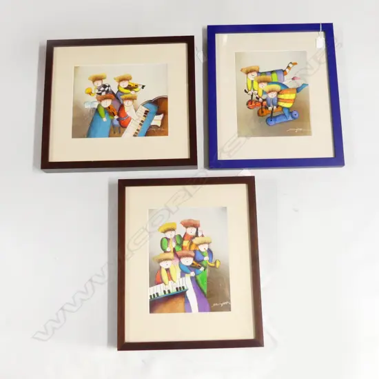 3 JOYCE ROYBAL WHIMSICAL MIXED MEDIA, 2 H.250 x 200, H.200 x 250mm