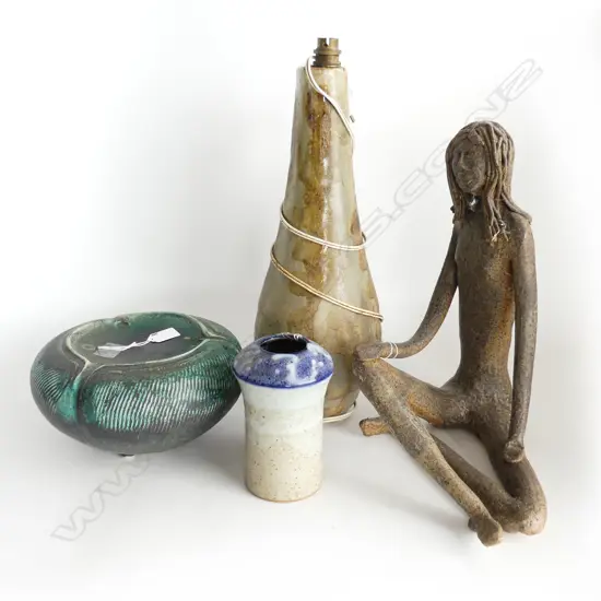 4 PCS STUDIO POTTERY, ONE LAMP BASE not working, FEMALE FIGURE & 2 OTHERS 