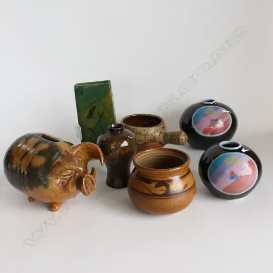 7 PCES ASST. STUDIO POTTERY; 4 VASES, 2 CONTAINERS (1 DULL), PIGGY BANK L.170mm