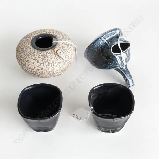 CHRIS WEAVER blue jug & pr black sq. cups + crackle glaze vase