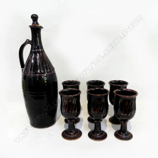 STUDIO POTTERY FLASK H.350mm & 6 BEAKERS - VAN HELDEN GALLERY?