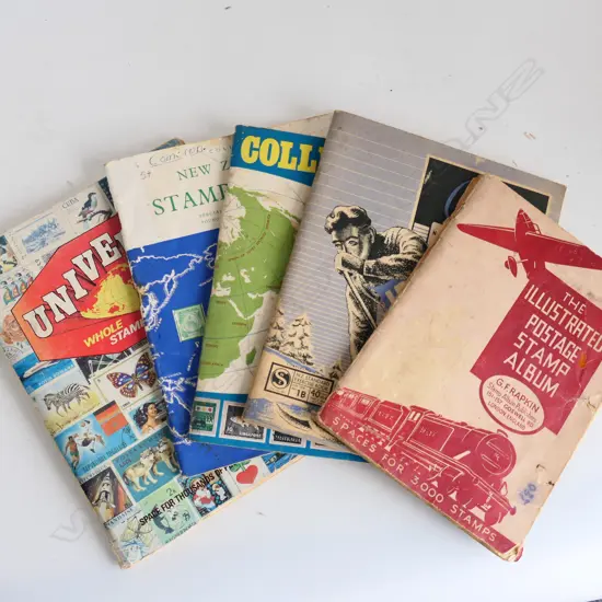 5 OLD STAMP ALBUMS with WORLD COLLECTIONS