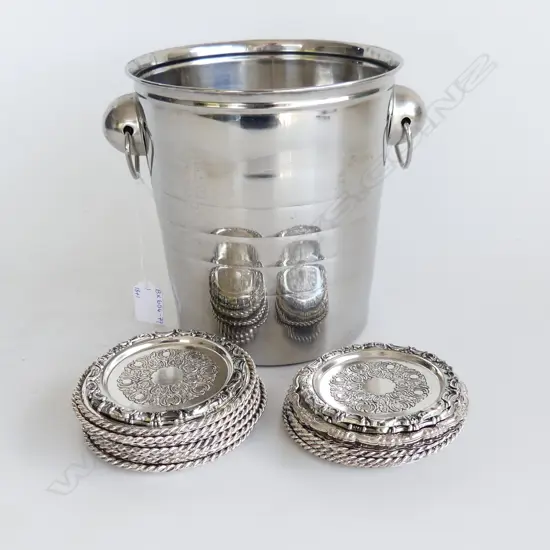 SILVER PLATE ICE BUCKET 195 X 185mm & 18 ASST SILVER PLATE COASTERS