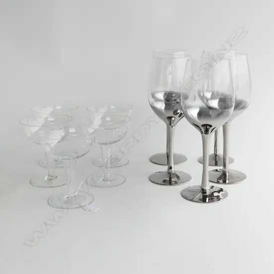 10 GLASSES; 5 SILVER DIPPED WINE H.225mm + 5 ETCHED HOLLOW STEMS