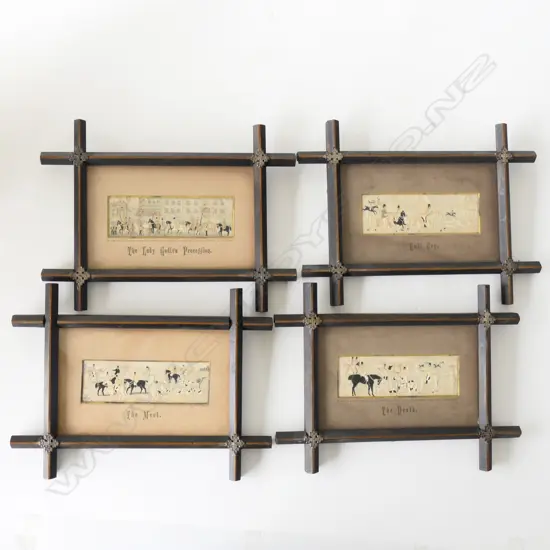 SET 4 ORIGINAL SILK STEVENGRAPHS, FRAMED HUNTING THEMES, LADY GODIVA DEATH FULL CRY & THE MEET. 305X230mm