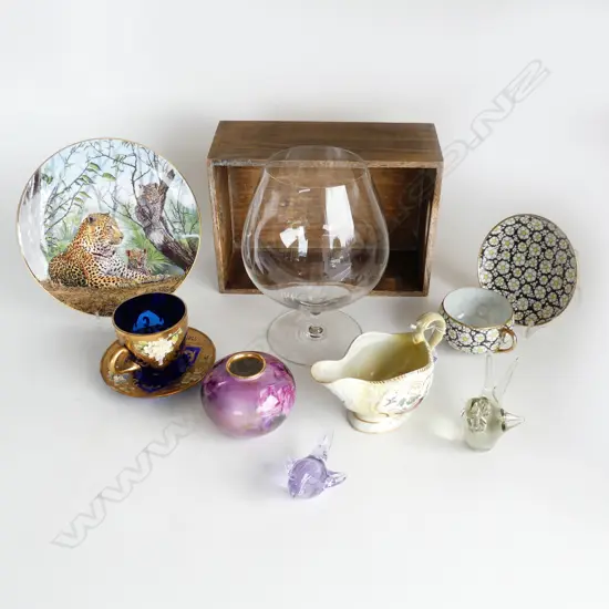 4 PCES CHINA, MURANO C/S, 2 ART GLASS BIRDS, GIANT WINE GLASS