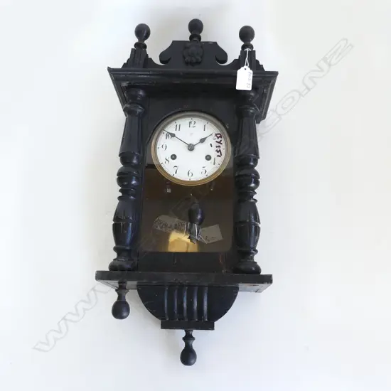 OLD SML REGULATOR WALL CLOCK, EBONISED FINISH w FINIALS. KEY & PENDULUM. H.550mm