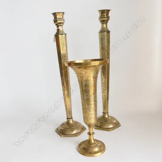 PR TALL ENGRAVED BRASS CANDLESTICKS 460mm & BRASS VASE 300mm