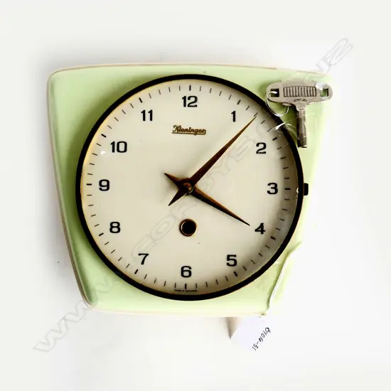 VINTAGE PALE GRN DECO GERMAN WALL CLOCK w KEY