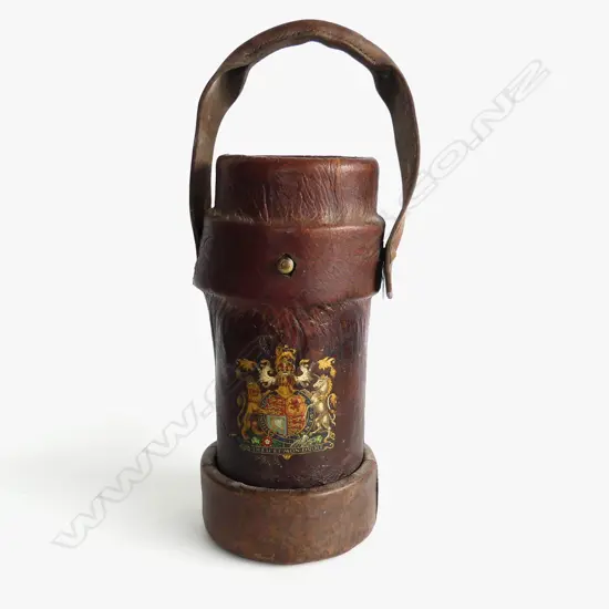 VINTAGE LEATHER SHELL AMMUNITION CARRIER CASE w COAT OF ARMS